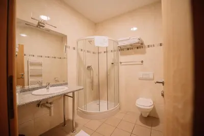 a bathroom with a shower and a sink and a toilet at Hotel Bacchus in Livno