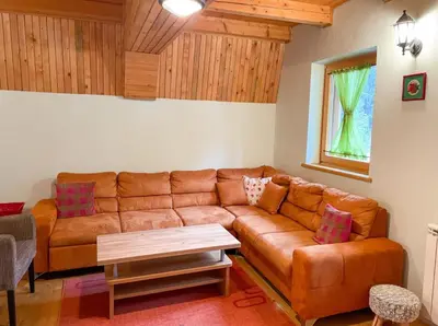 a living room with a brown couch and a table at Holiday home Bella Vlašić in Šišava