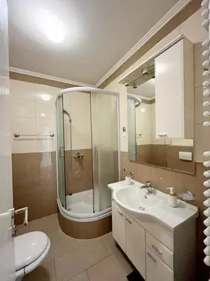 a bathroom with a shower and a sink and a toilet at Apartments Family House in Banja Luka