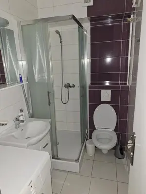 a bathroom with a shower and a toilet and a sink at centar apartment in Banja Luka