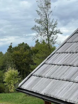 a metal roof of a barn with trees in the background at Wood Cabin Hillside Retreat in Banja Luka