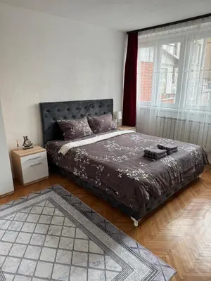 a bedroom with a large bed and a window at Stan na dan Hasanovic in Tuzla