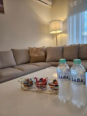 two bottles of water and a basket of balls on a table at Lux Sara Apartments in Visoko