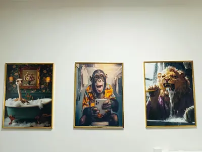 four framed pictures on a wall in a room at Calendula apartments in Tuzla