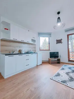 a kitchen with white cabinets and a wooden floor at Apartments Planinski raj in Travnik