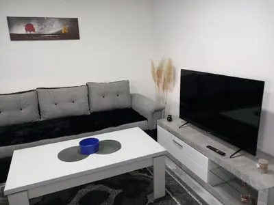 a living room with a couch and a flat screen tv at Apartment B&E in Tuzla
