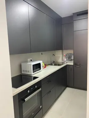 a kitchen with gray cabinets and a white microwave at ,,Azra,, Apartment in Bihać