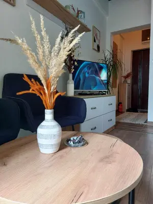 a living room with a table with a vase on it at Apartman Jereza Prijedor in Prijedor