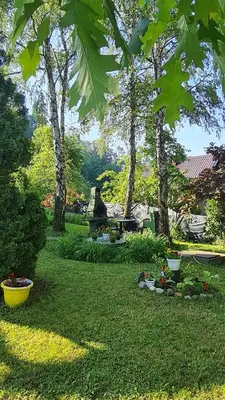 a garden with a fountain and some trees and grass at Vikendica Alisa in Doboj