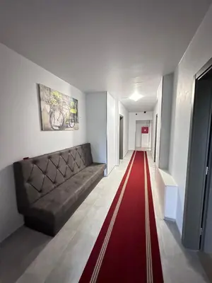 a long hallway with a red carpet and a couch at Swiss Apartmani in Banja Luka