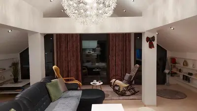 a living room with a black couch and a chandelier at Apartment XYZ Vlašić in Vlasic