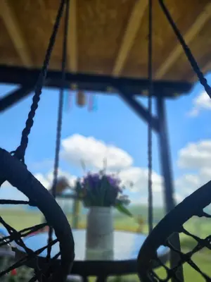 a table with a vase of flowers on it at Under Sky House - Vikendica - Manjača in Ključ