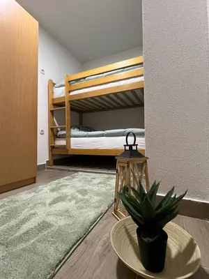 a room with two bunk beds and a table with a plant at Villa Dejana Vlašić in Šišava