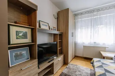 a living room with a large entertainment center with a television at Studio Apartmani Donnie in Livno