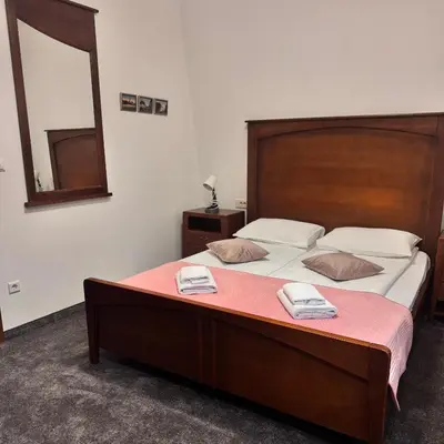 a bedroom with a large bed and a mirror at Hotel Paviljon in Bihać