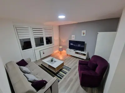 a living room with a couch and a tv at Lilly Apartment Tuzla in Tuzla