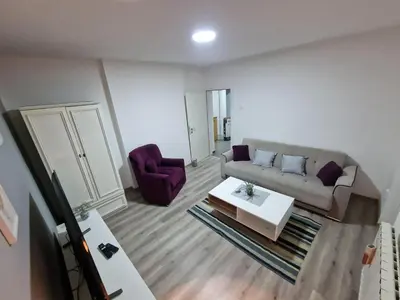 a living room with a couch and a table at Lilly Apartment Tuzla in Tuzla