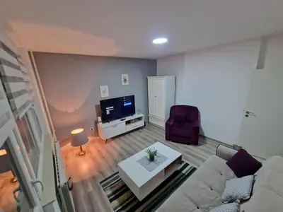 a living room with a couch and a tv at Lilly Apartment Tuzla in Tuzla