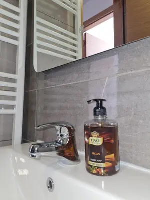 a bottle of soap sitting on top of a bathroom sink at Apartman D&D in Banja Luka