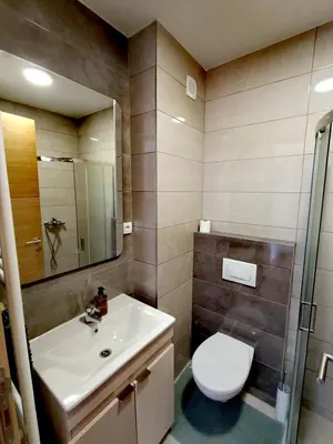 a bathroom with a sink and a toilet and a mirror at Apartman D&D in Banja Luka