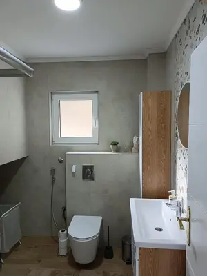 a bathroom with a white toilet and a sink at Zen Apartment Tuzla in Tuzla