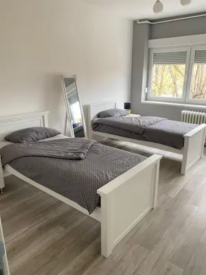 a bedroom with two beds and a mirror at Apartman Ćetojević in Banja Luka
