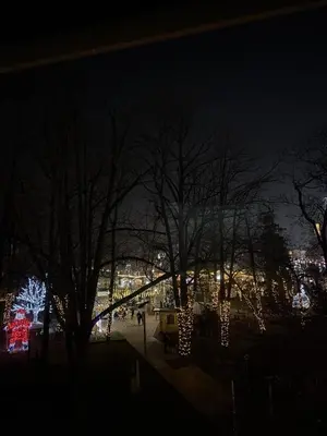a night time view of a park with trees and lights at Apartman Ćetojević in Banja Luka