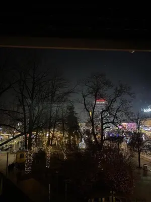 a night view of a city with trees and lights at Apartman Ćetojević in Banja Luka