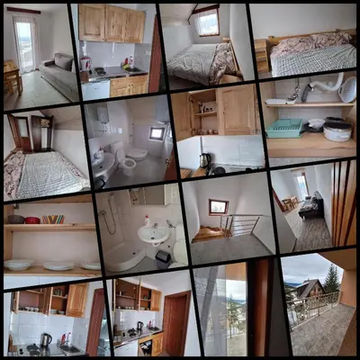 a collage of photos of a kitchen and a bathroom at Apartmani 
