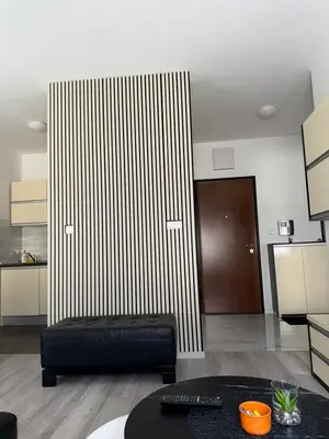 a living room with a black couch and a striped wall at MARICELO in Banja Luka