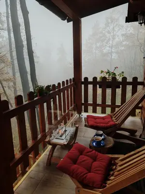 a porch with two hammocks and a view of trees at Vila Šibovi in Banja Luka