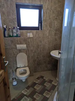 a bathroom with a toilet and a sink and a window at Vila Ružica in Kupres