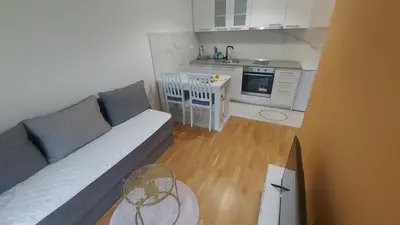 a living room with a couch and a kitchen at Apartman Solunska 18 Banja Luka in Banja Luka