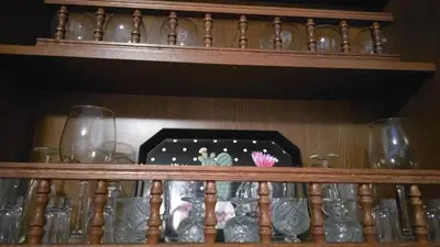 a shelf with glasses and a figurine on it at Evergreen in Banja Luka