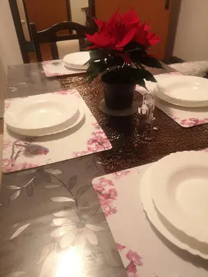 a table with plates and a vase with a red flower at Evergreen in Banja Luka