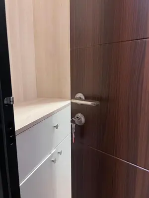 a bathroom with a wooden door with a shelf at Romanijska in Banja Luka