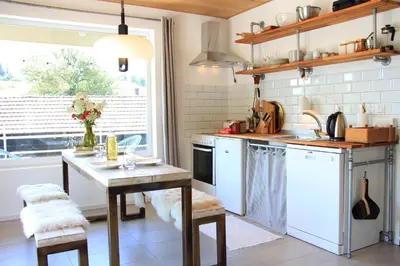 a kitchen with a table and a sink at Apartment Pirol: Dorf Hideaway Gornja Breza in Breza