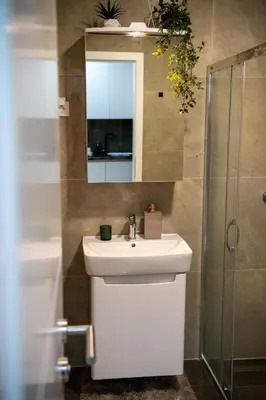 a bathroom with a sink and a shower at Harmony Space Apartment in Banja Luka
