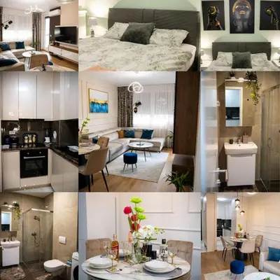 a collage of photos of a living room and kitchen at Harmony Space Apartment in Banja Luka
