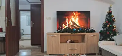 a living room with a christmas tree and a fireplace at LUX APARTMENT in Banja Luka
