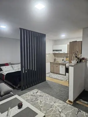 a living room with a bed and a kitchen at Apartmani Planinsko srce Vlašić in Vlasic