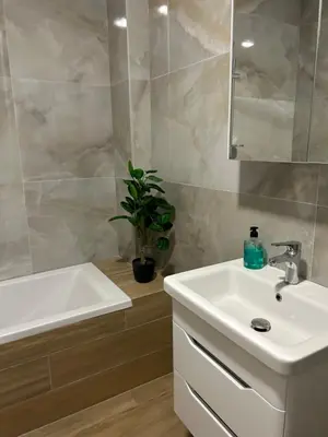 a white bathroom with a sink and a tub and a plant at D&ALux apartman in Banja Luka