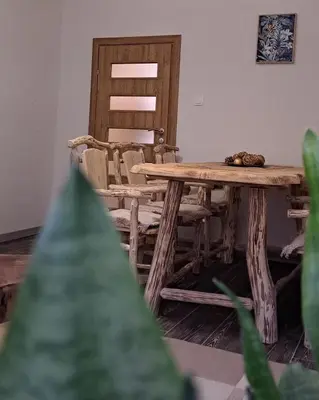 a dining room table and chairs with a cat on it at Apartman Maximus in Kupres
