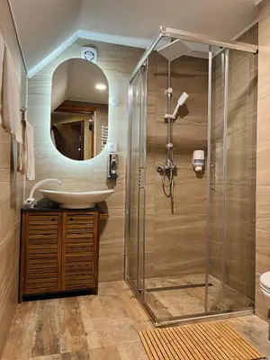 a bathroom with a sink and a shower at Vila Dvorište in Banja Luka