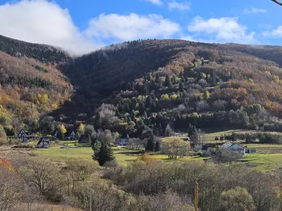 a hillside with trees and houses in a field at Planinska kuća Ruža in Kupres