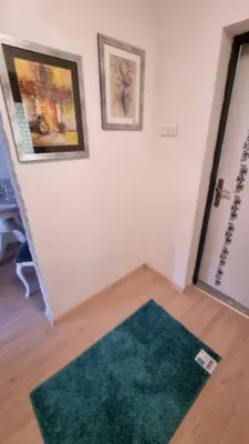 a living room with a green rug on the floor at Bosnien Old House in Travnik