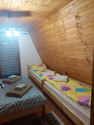 two beds in a room with a wooden wall at Vikendica Rajvosa Vlašić in Šišava