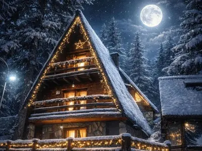a cabin in the snow at night with a full moon at Vikendica Rajvosa Vlašić in Šišava
