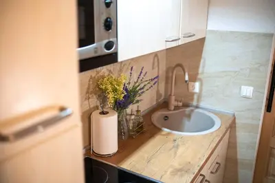 a bathroom sink with a vase of flowers on a counter at Kuća za odmor Mali raj-Kupres in Kupres