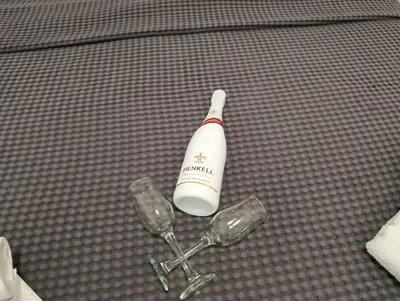 a bottle and two wine glasses on a table at Apartman Bjanka in Banja Luka